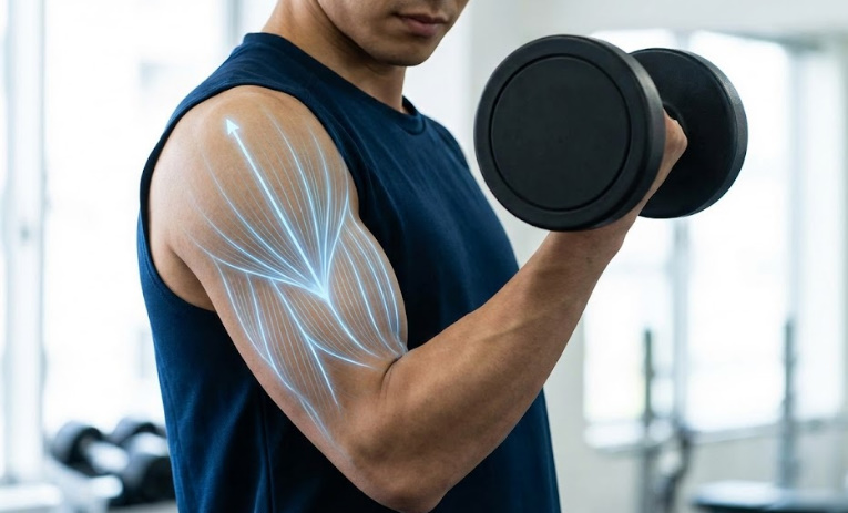 筋トレ中の上腕二頭筋にかかる機械的張力を青いラインで視覚化した、ボディメイクのメカニズム画像。